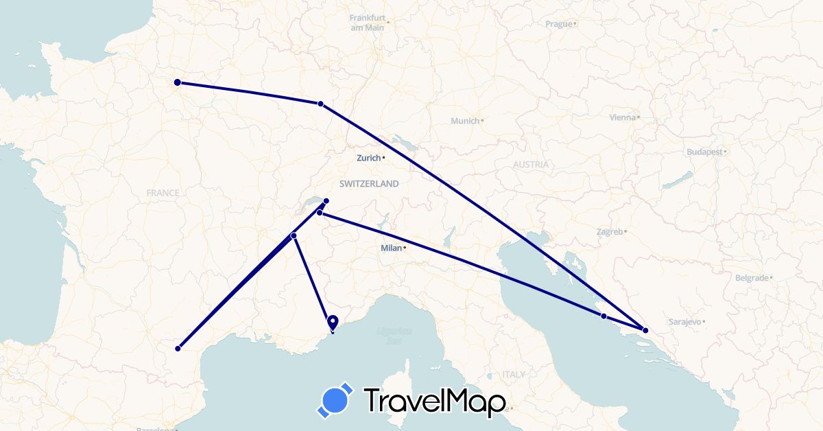TravelMap itinerary: driving in Switzerland, France, Croatia (Europe)
