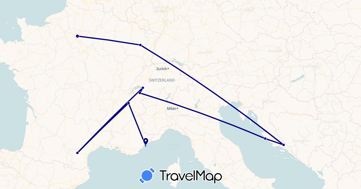 TravelMap itinerary: driving in Switzerland, France, Croatia (Europe)